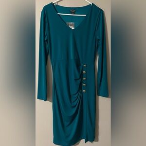 BOLD ELEMENTS size MEDIUM Elegant Teal, Long Sleeved Dress with Gold Buttons.